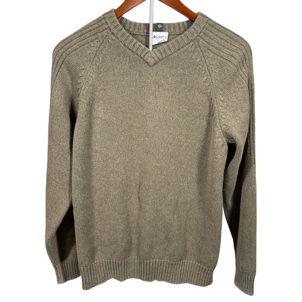 Columbia Mens Medium V Neck Sweater Olive Green 100% Cotton Knit Outdoor Casual